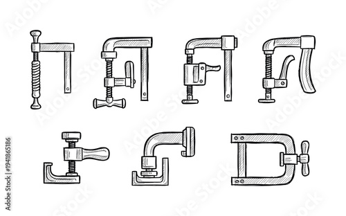 Seven different hand-drawn industrial clamps are depicted in a detailed sketch style, showcasing various designs and mechanisms used for gripping and holding materials