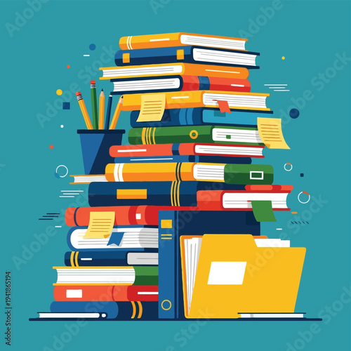 Large Stack of Colorful Books with School and Office Supplies on Teal Background, Education and Knowledge Concept Illustration