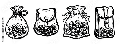 Four hand-drawn black and white bags filled with small round objects, featuring various closures like ties, buttons, drawstrings, and buckles, rendered in a charming sketch illustration style