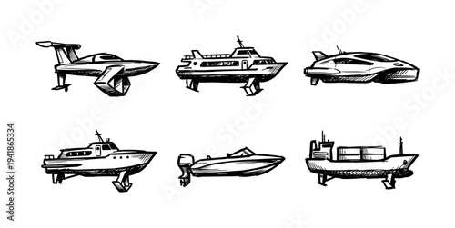 Six distinct hand-drawn boat illustrations showcase various marine vessels in a dynamic sketch art style, rendered with bold black lines and textured shading