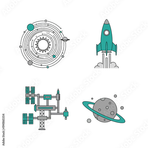 Minimalist Space Icons Set with Solar System, Rocket Launch, Space Station, and Ringed Planet Illustration
