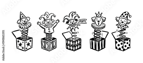 Five whimsical black and white jack-in-the-box toys with various clown and jester figures emerging from patterned boxes in a playful sketch style