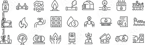Set of outline icons related to natural gas. Linear icon collection. Editable stroke. Vector