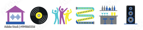 Colorful flat vector icons depicting various party elements including a music studio, vinyl record, dancing people, string lights, a bar, and a large speaker, presented in a modern, minimalist style