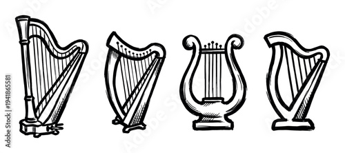 Four distinct hand-drawn musical string instruments, including harps and a lyre, are depicted in a classic black and white sketch art style, showcasing their elegant forms