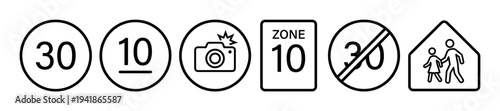 Six black outline road traffic icons illustrate various speed limits, enforcement, and pedestrian zones, presented as clear vector graphics with a minimalist design