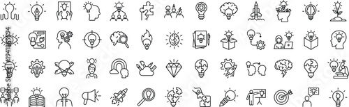 Set of line icons related to creativity, idea, innovation, teamwork, invention. Outline icon collection. Editable stroke.