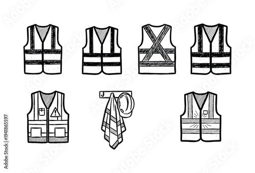 Hand-drawn doodle safety vests collection featuring various reflective designs and a hard hat, rendered in a simple black and white line art style