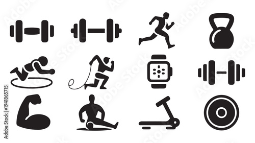 Set of fitness icons, sports equipment and active lifestyle symbols for healthy living, recreation and workout