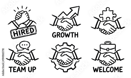Six hand-drawn business concept icons depict collaboration, employment, and success, featuring hands with symbolic elements and descriptive text, presented in a bold sketch style