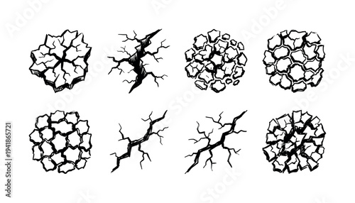 Eight hand-drawn black crack and dry earth patterns are depicted in a graphic, illustrative style, showcasing various forms of damage and fragmentation with rough, textured lines