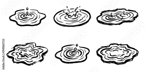 Six distinct hand-drawn water puddles with various ripples and splashes are depicted in a graphic, expressive black ink illustration style, showcasing dynamic liquid movement