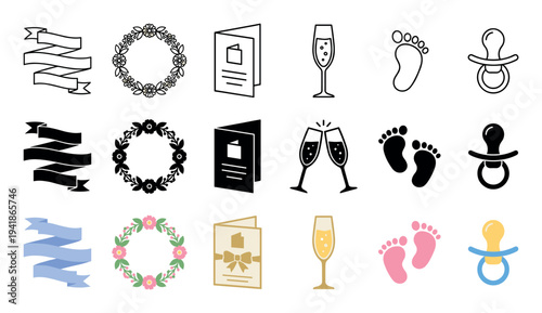 Various celebration and baby shower themed icons are neatly arranged in a grid, featuring ribbons, wreaths, invitations, champagne, footprints, and pacifiers in outline, solid, and colored styles