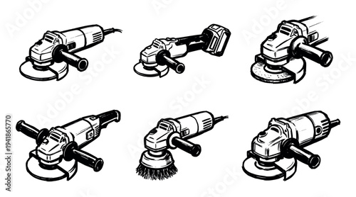 Six various hand-held angle grinders depicted in a dynamic black and white sketch style, showcasing different models and attachments from various perspectives