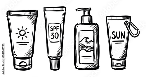 Four hand-drawn sketch sunscreen bottles and tubes are depicted in a charming doodle style, featuring various sun protection products with icons and text