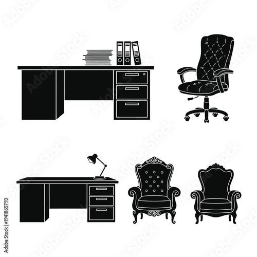 Collection of Office Furniture Silhouettes: Executive Desk, Swivel Chair, Filing Binders, and Two Classic Upholstered Armchairs