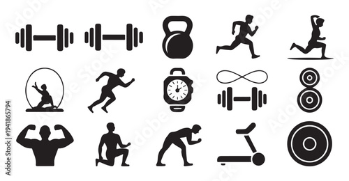Fitness icons collection, gym equipment and sports symbols for healthy lifestyle, active recreation and training