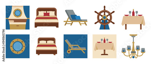 Collection of flat design cruise ship icons illustrating various elements of a luxurious voyage experience, presented in a clean, modern, and inviting style