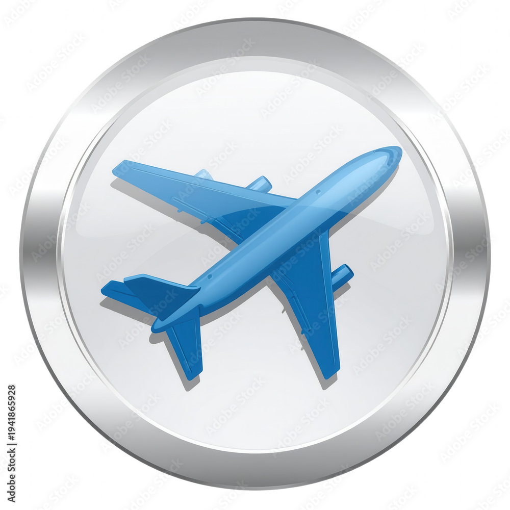 Naklejka premium Blue airplane on a metallic circular transparent background... isolated on a transparent background