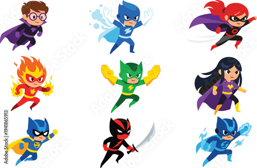 Cute Cartoon Superhero Character Set Featuring Colorful Flying Heroes with Powers for Kids Comics, Games, and Fantasy Adventure Design