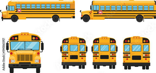 Yellow School Bus Icon Set Featuring Front, Side, and Rear Views of Classic School Transportation Vehicle for Education Design