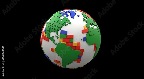 Colorful 3D Globe with Pixelated Map.