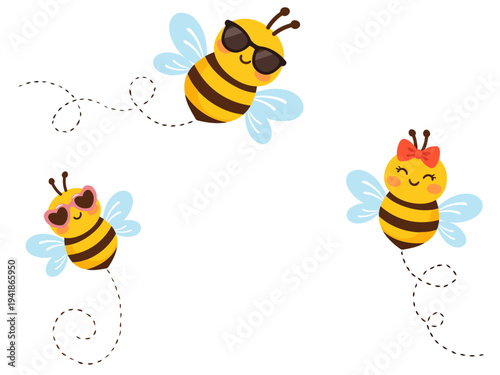 Cute cartoon bee illustration set with sunglasses, heart glasses and bow.