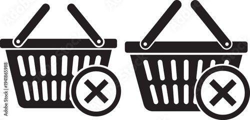 Shopping cart cancel icon silhouette pair