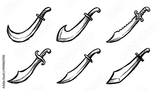 Six hand-drawn stylized fantasy swords and sabers are depicted in a doodle-like, black and white sketch style, showcasing various blade and hilt designs with expressive lines