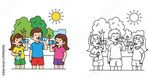 Kids Hydrating Outdoors: Happy Children Drinking Water in a Sunny Park