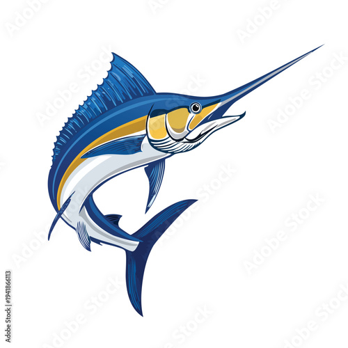 Stylized illustration of a leaping blue marlin on white background