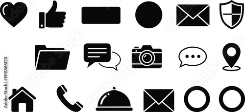Social Media and Communication Icon Set Featuring Heart, Like, Camera, Message, Email, Location, and Security Symbols for UI Design