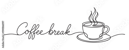 Coffee break continuous one line art illustration featuring steaming cup. perfect for cafe decor, coffee lovers, and creative art enthusiasts. concept of relaxation, line drawing, minimalistic style