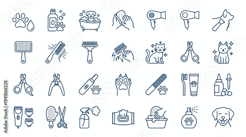 Minimalist line art icons for pet grooming and care, simple black illustrations on white background