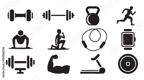 Fitness icons collection with weights kettlebell running person jump rope treadmill arm muscle