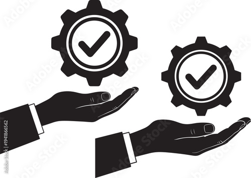 Gear cog with check mark icon held by hand