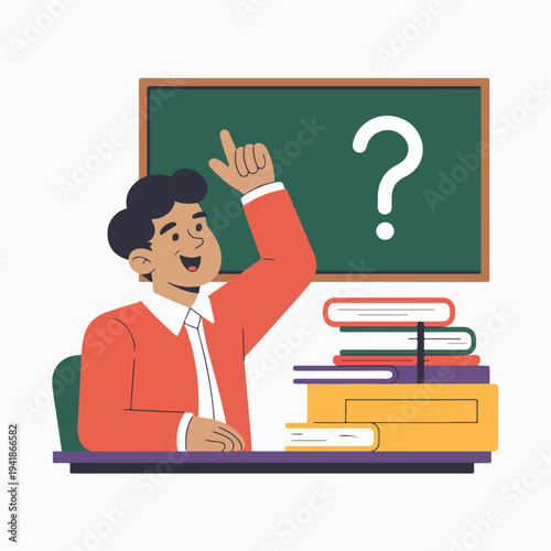 A cartoon illustration of a student asking a question in class with a puzzled expression
