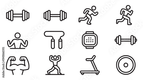 Set of twelve black outline fitness and gym icons, featuring dumbbells, running men, and a jump rope