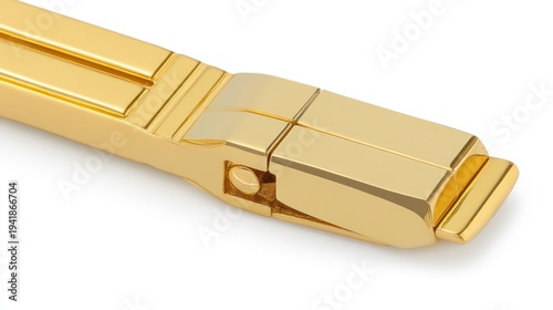 Macro close-up of a shiny golden clasp mechanism, highly polished against white background
