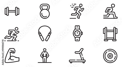 Fitness symbols set including dumbbells kettlebell running person jump rope treadmill and smartwatch