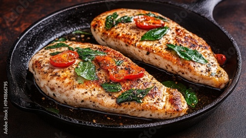 Two seasoned chicken breasts in a cast iron skillet with tomatoes and basil