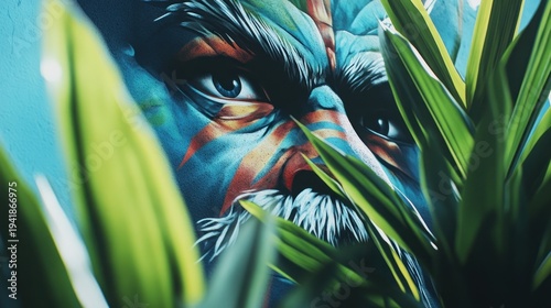 Mural of a weathered man's face with bold markings peering through lush, green foliage