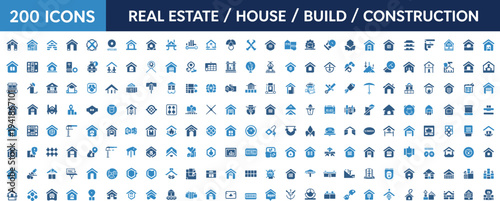 Real estate house build construction icons set, property architecture symbols, home development tools, building industry pictogram collection for design vector