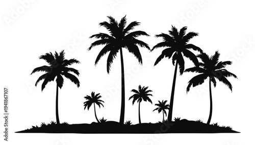 Tropical palm trees silhouette landscape isolated on white background, exotic beach island summer nature scene, vector illustration