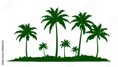 Green tropical palm trees island landscape isolated on transparent background, summer beach nature scene, vector illustration