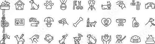 Set of outline icons related to dog care. Linear icon collection. Editable stroke. Vector