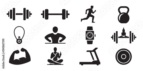 Collection of black and white fitness icons representing various gym activities
