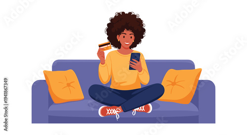 A smiling Black woman with curly hair sits cross-legged on a purple sofa, holding a smartphone and a gold credit card.