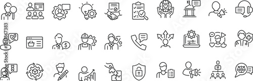Set of outline icons related to consulting. Linear icon collection. Editable stroke. Vector