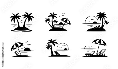 Minimal Tropical Summer Beach Silhouette Vacation Vector Set